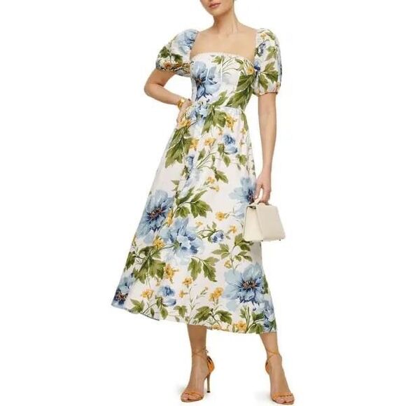Reformation Womens Botanist Floral Puff Sleeve Linen Marella Midi Dress Sz 4 NWT - Picture 1 of 12